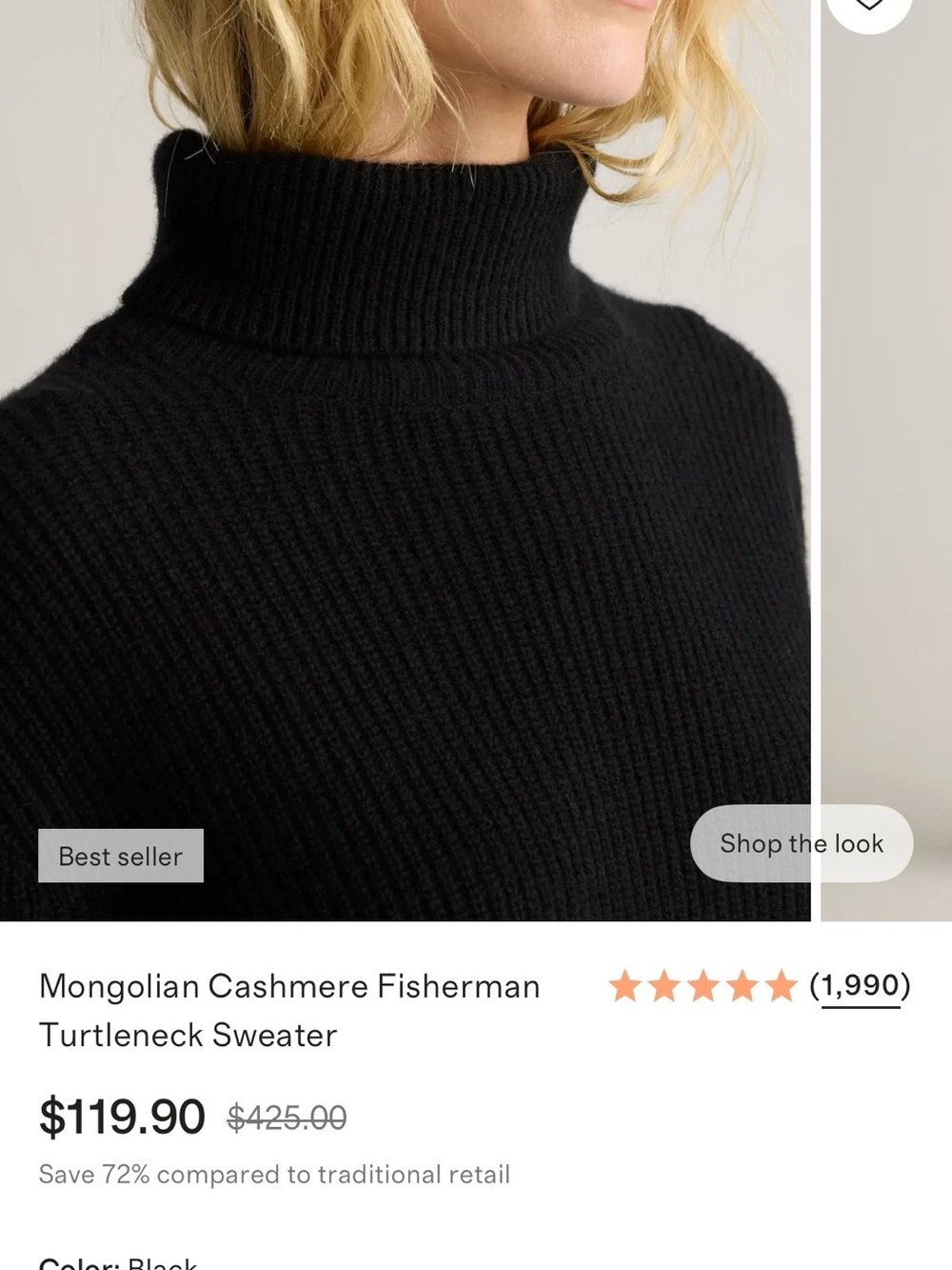 Quince Mongolian Cashmere Fisherman Turtleneck Sweater Black - Small - Picture 2 of 6